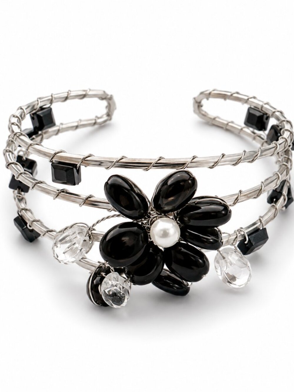 Artisan Wire Wrap Floral Cuff Bracelet | Black Beaded Statement Pearl Accent